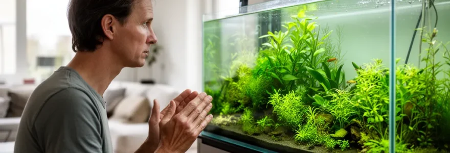 Aquarium planté luxuriant avec plantes aquatiques saines dans un salon moderne