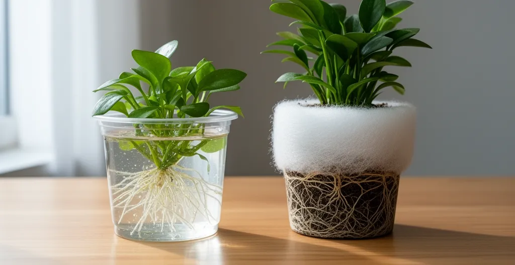 Comparaison visuelle entre un pot de plante in vitro et une plante aquatique classique