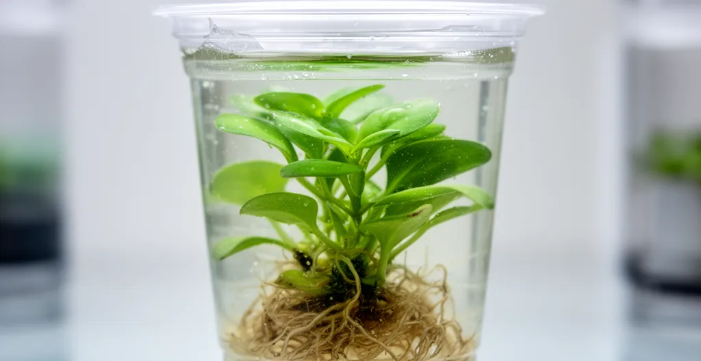 Pot transparent de plante aquatique in vitro avec gel nutritif visible