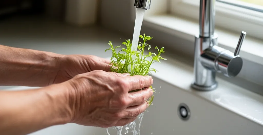 Rinçage délicat d'une plante aquatique in vitro sous l'eau du robinet